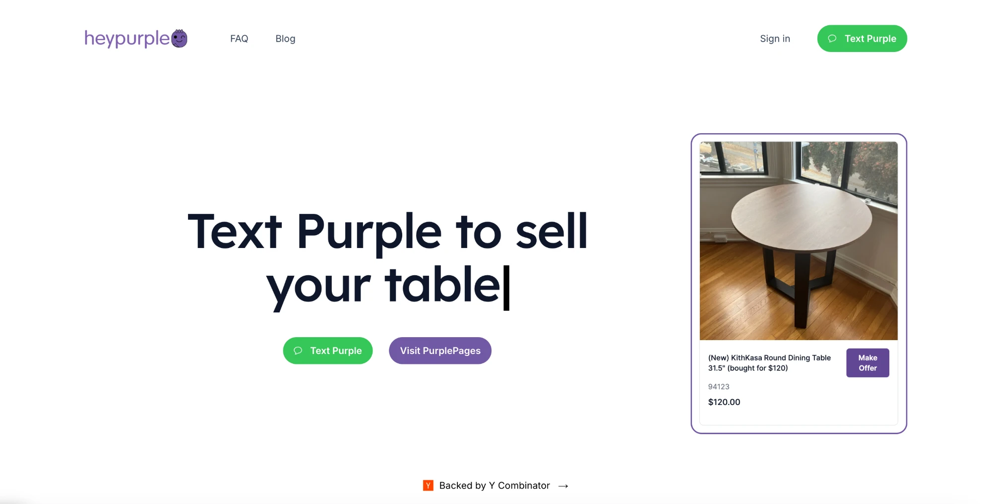 HeyPurple homepage: Text Purple to sell your table